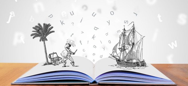 Ein aufgeschlagenes Buch aus dem gezeichnete Figuren plastisch herausragen