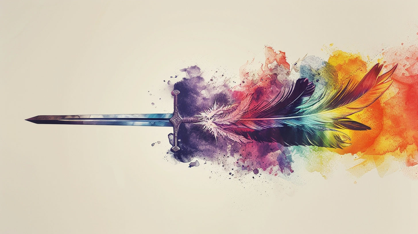 Ein Bild von einem Schwert, das sich in Federn verwandelt