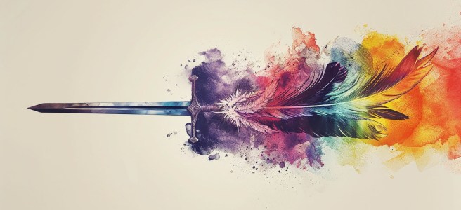 Ein Bild von einem Schwert, das sich in Federn verwandelt