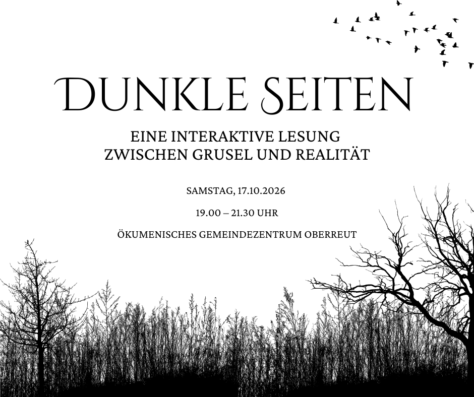 Plakat Lesung von Kiteratur Weißer Hintergrund, schwarze schnörkelige Schrift. Vögel fliegen auf, ein schwarzer Wald